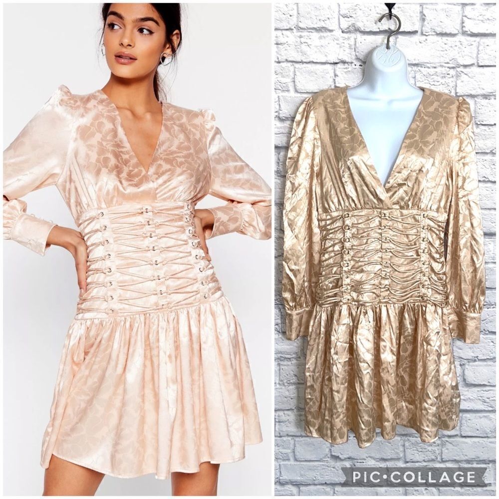 Nasty Gal size Large Champagne Eyelet 'Em Stop And Stare Satin Mini Dress